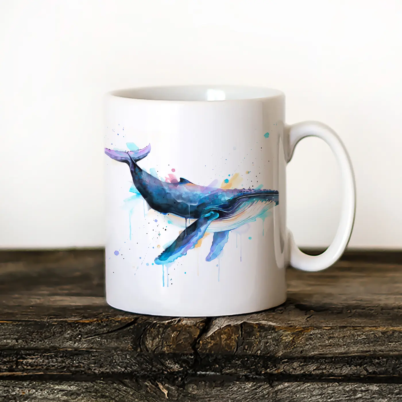 Ceramic mug with a watercolour humpback whale in blue print