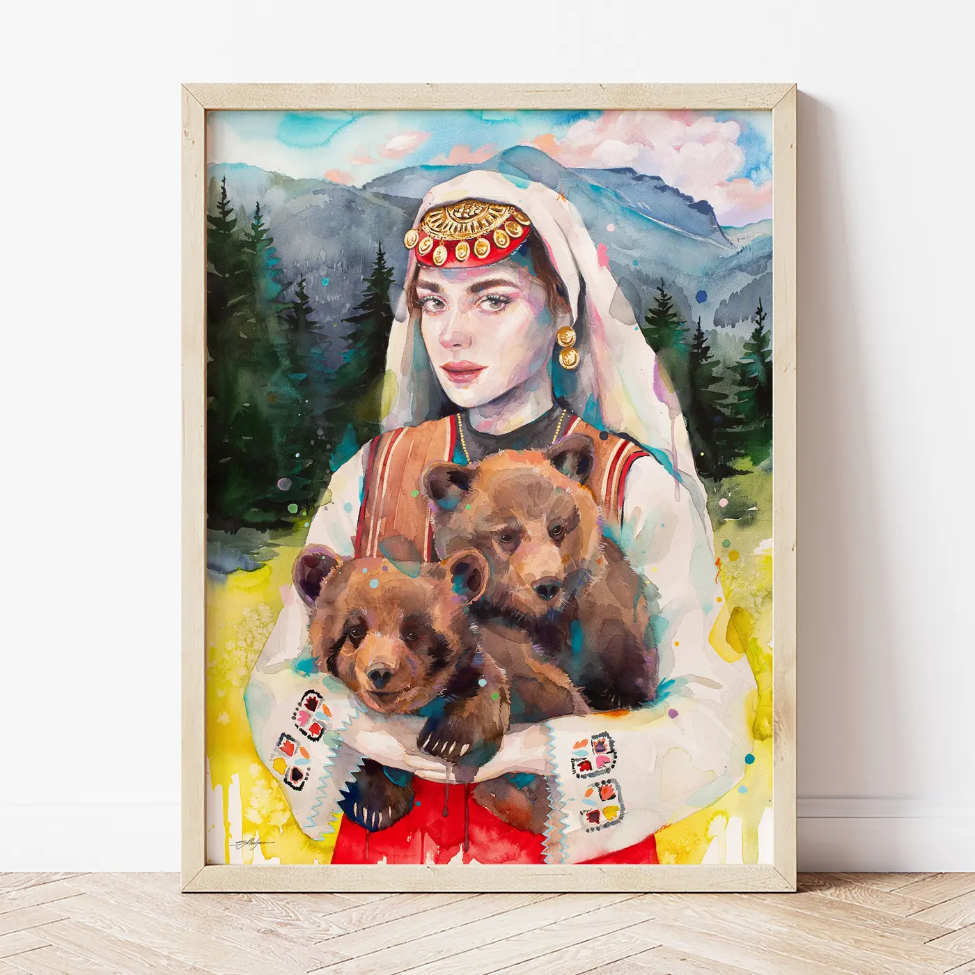 Картина с акварелна щампа на мома с мечета
