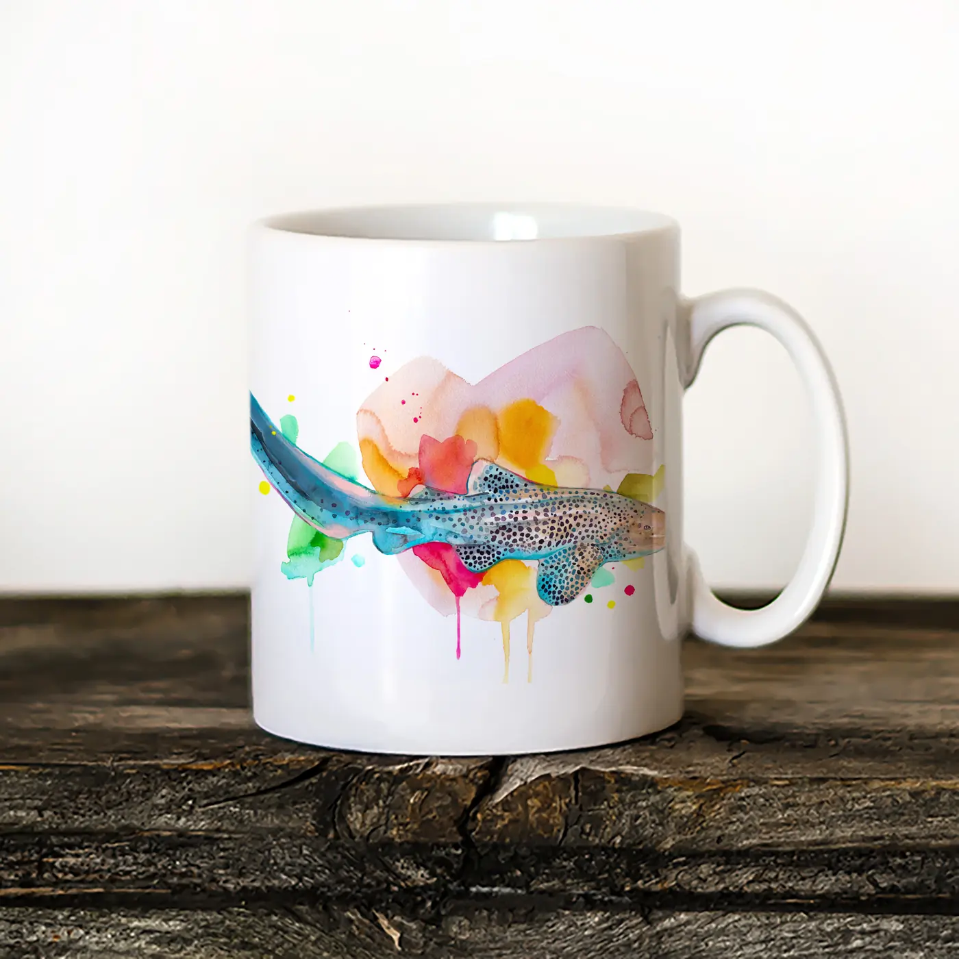 Ceramic mug with a watercolour zebra shark print