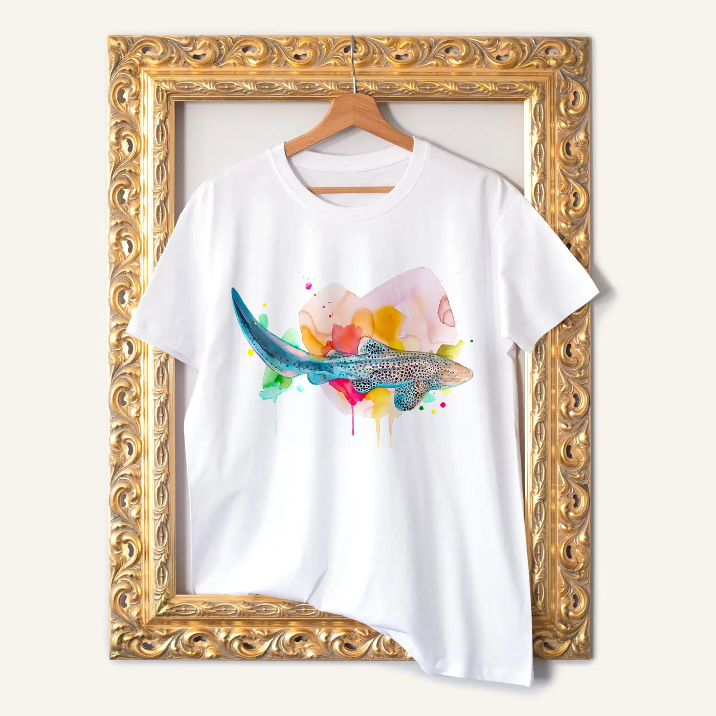 White t-shirt with a watercolour zebra shark print