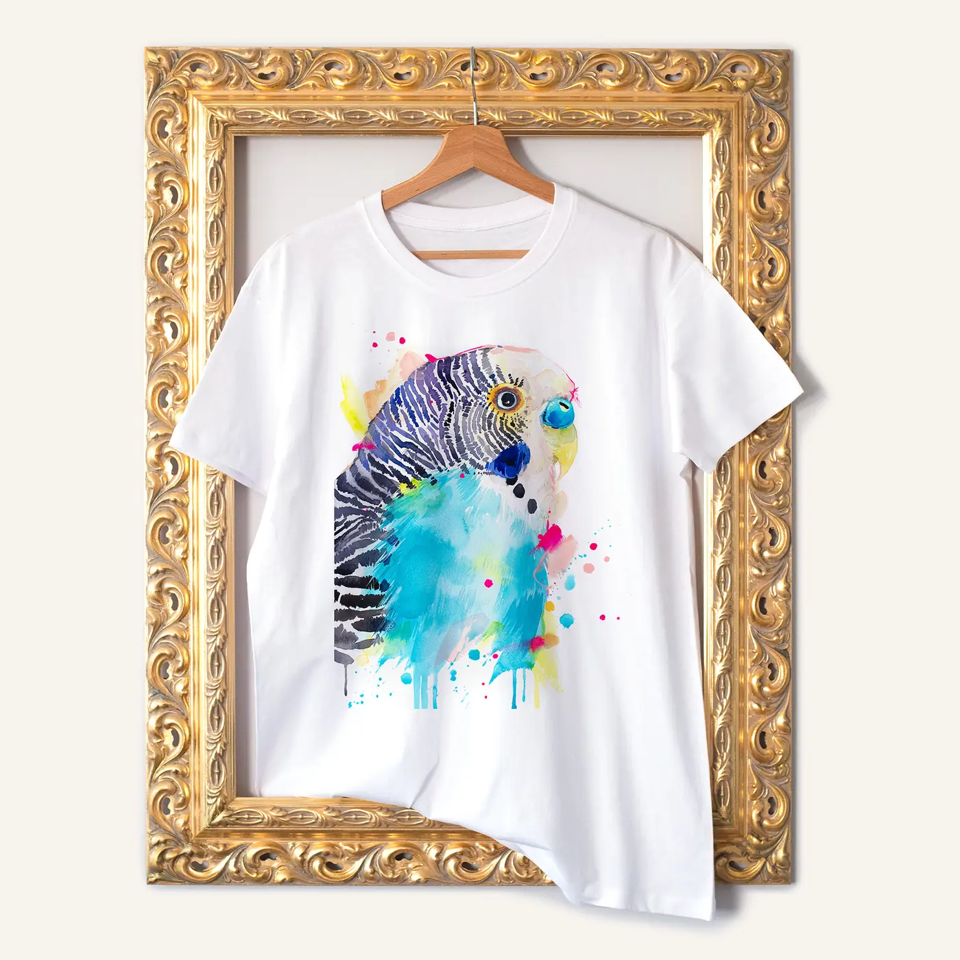 White t-shirt with a watercolour budgerigar print