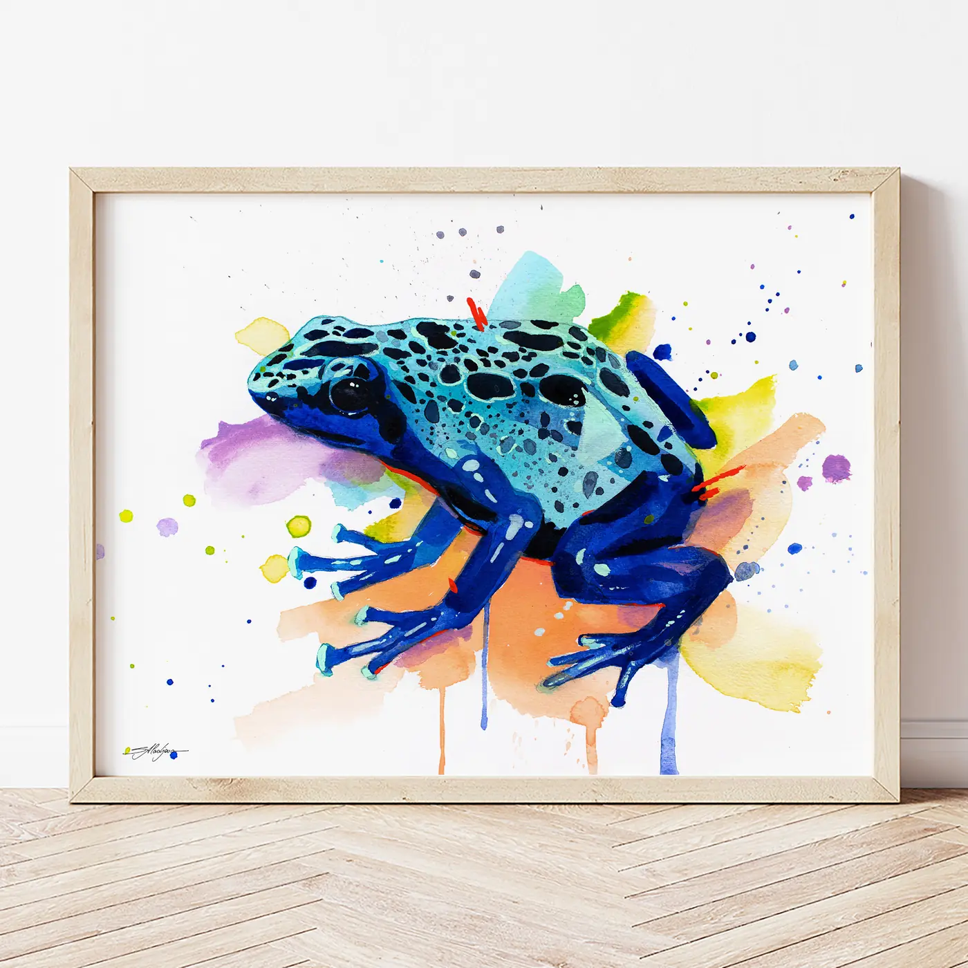 Art print with a watercolour blue poison dart frog print