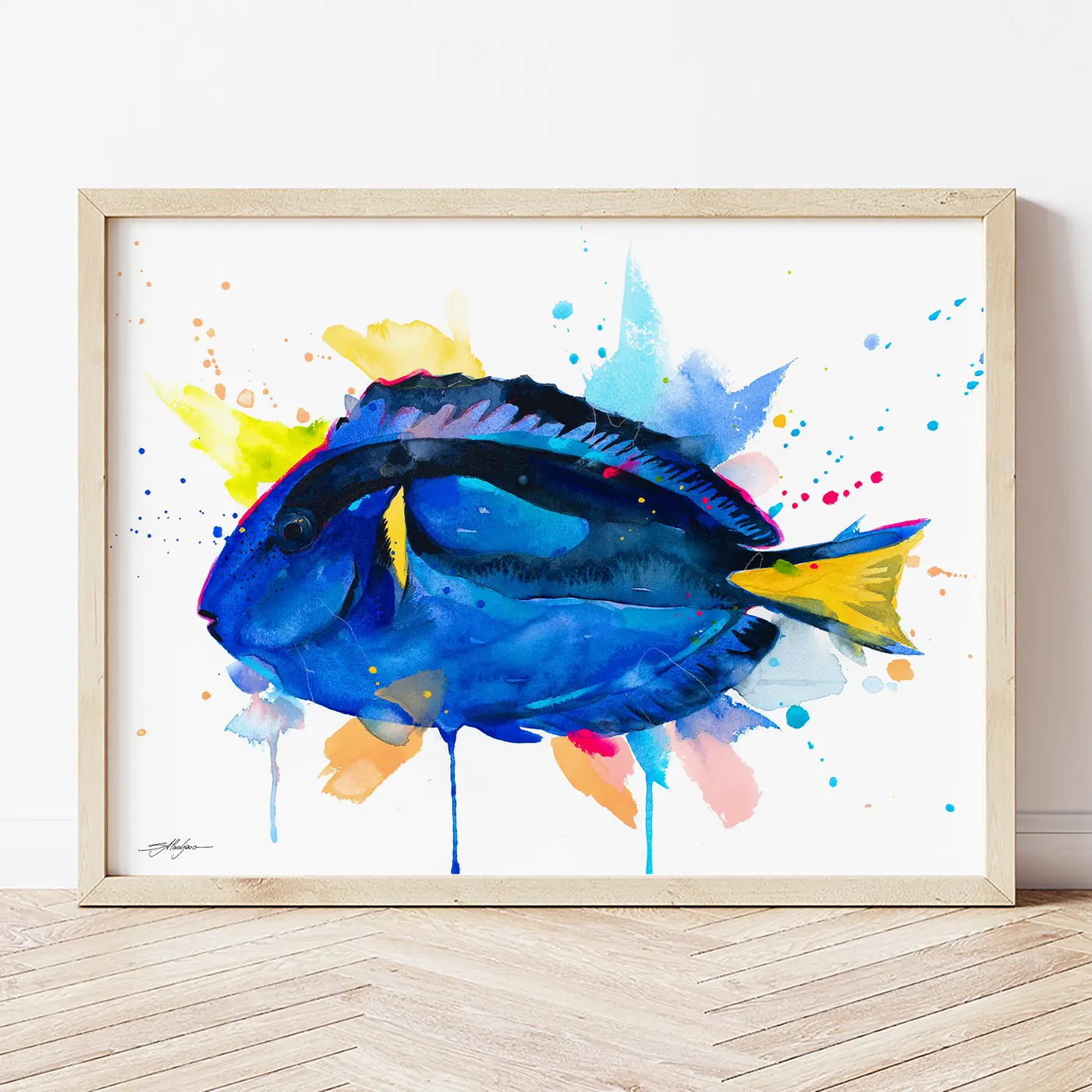 Art print with a watercolour blue tang fish print