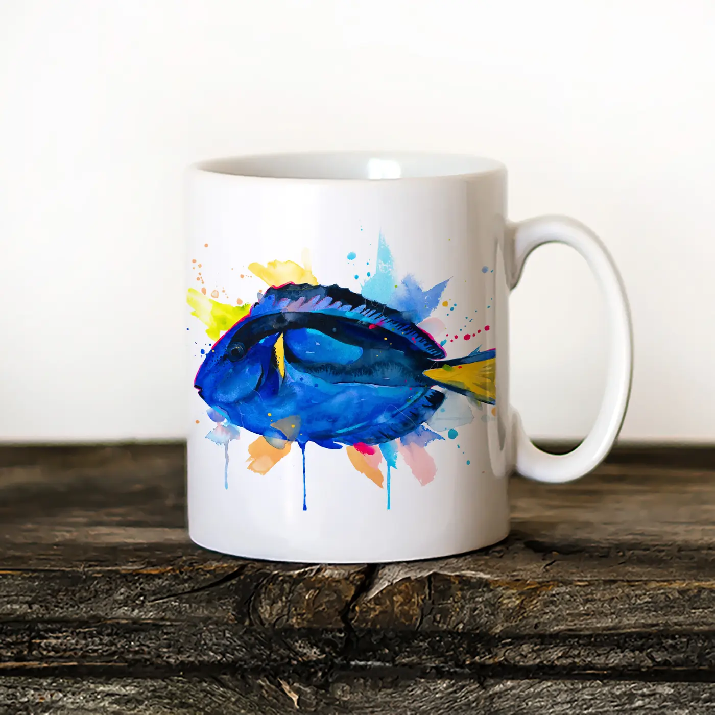 Ceramic mug with a watercolour blue tang fish print