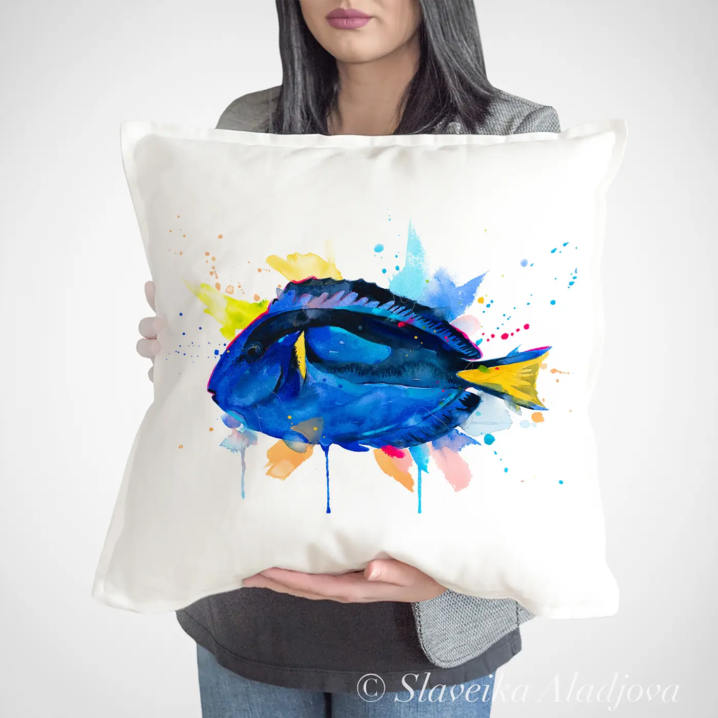 Cushion with a watercolour blue tang fish print