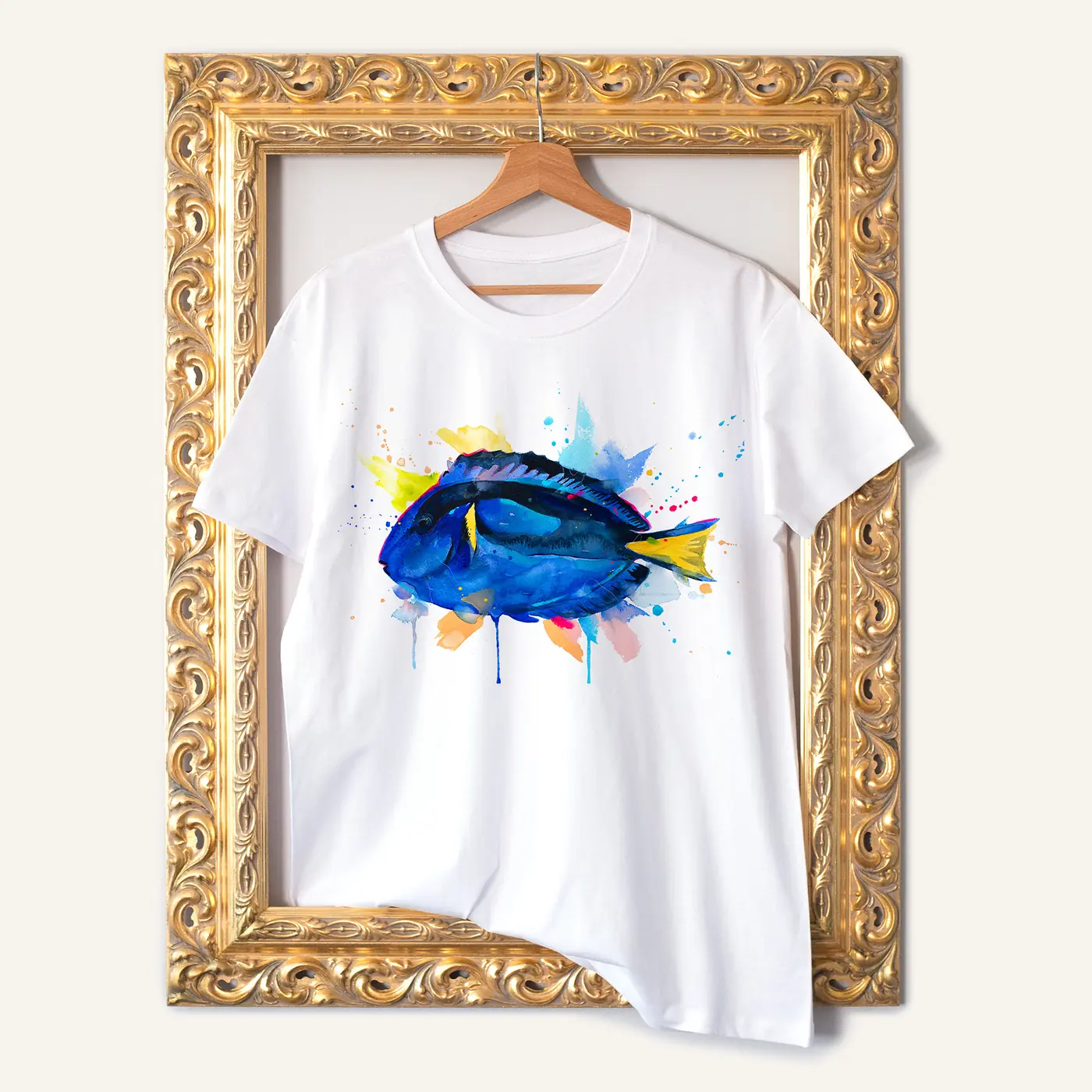 White t-shirt with a watercolour blue tang fish print
