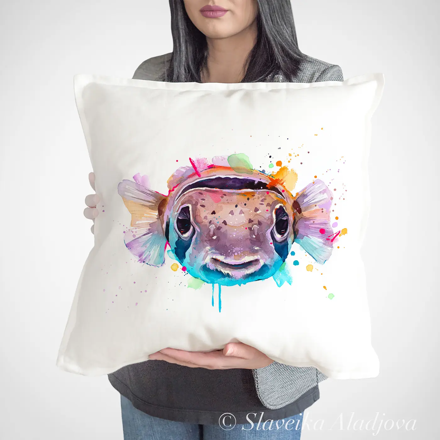 Cushion with a watercolour balloonfish print
