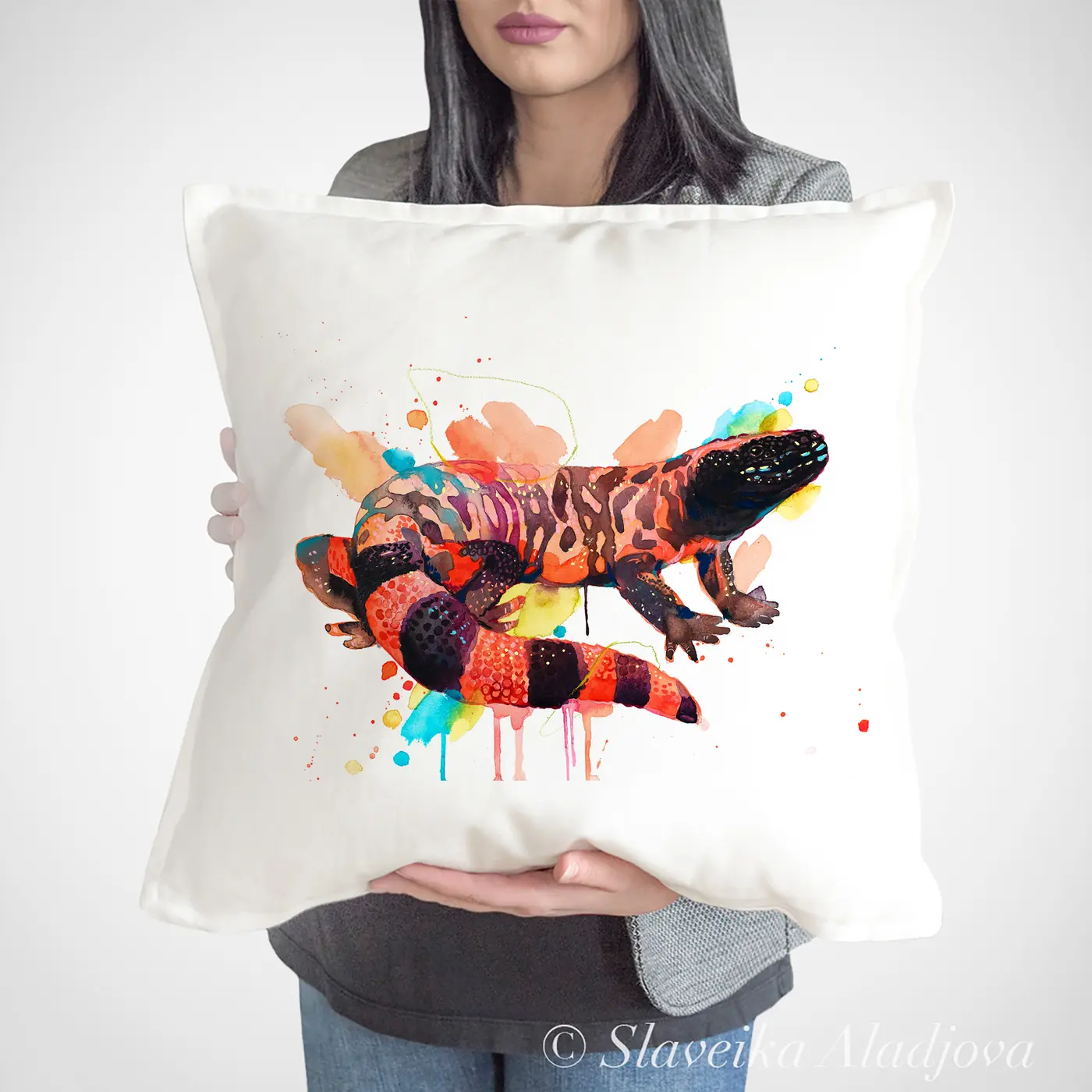 Cushion with a watercolour gila monster print