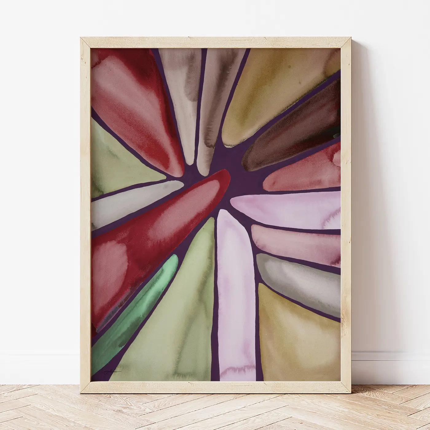 Art print with a watercolour abstract in burgundy and olive print