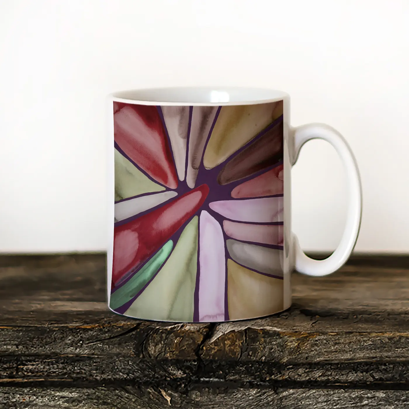 Ceramic mug with a watercolour abstract in burgundy and olive print