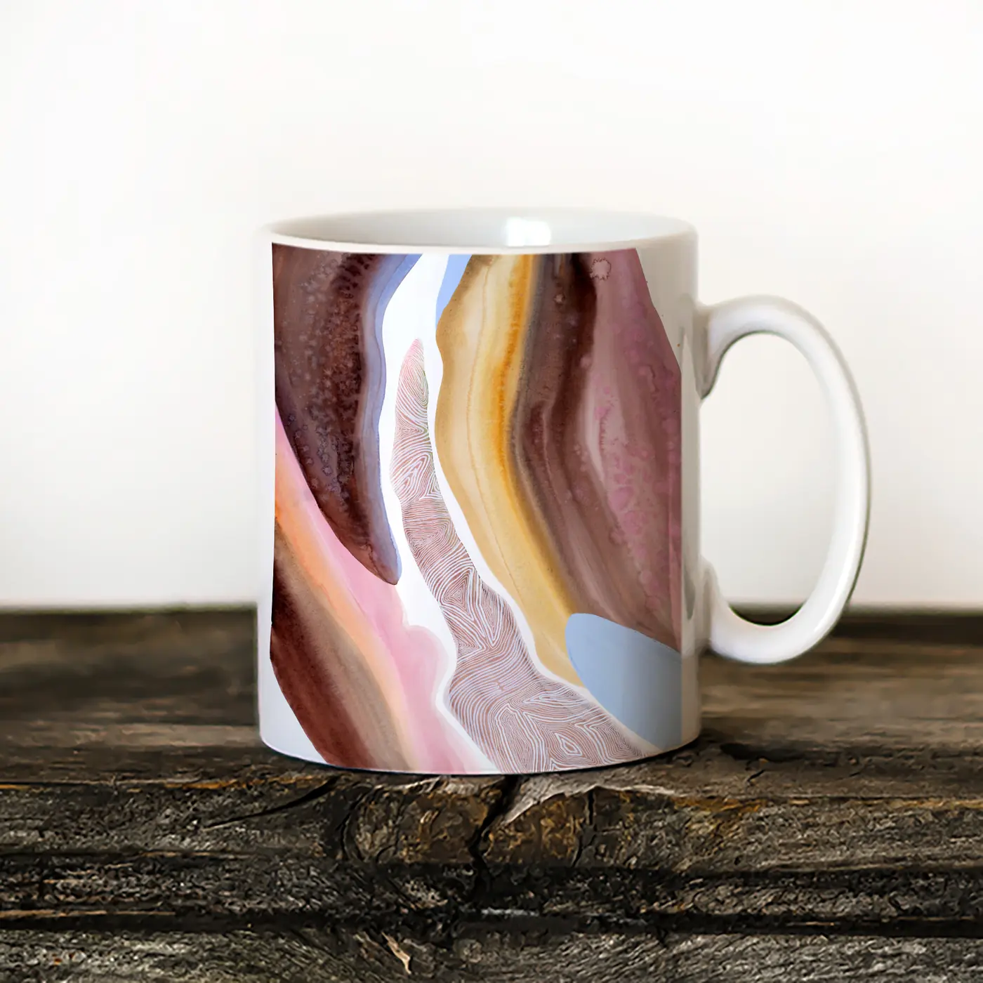 Ceramic mug with a watercolour abstract in beige and blush print