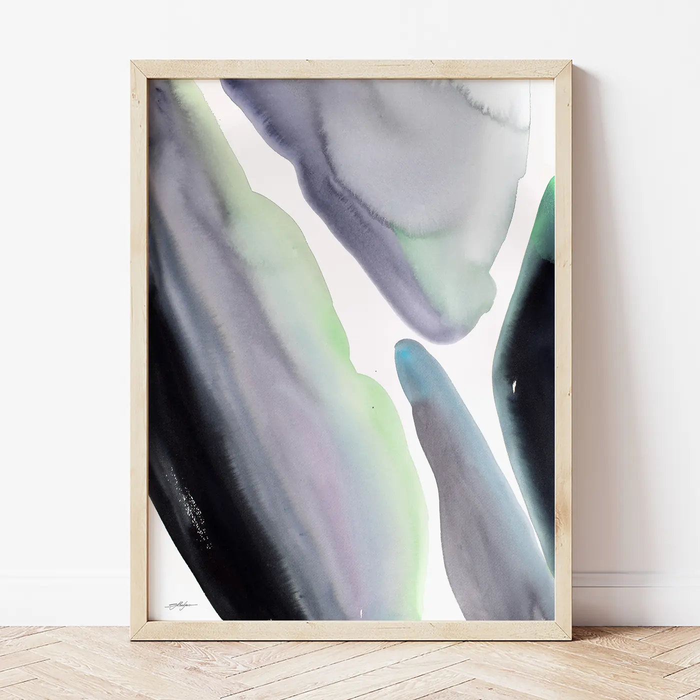 Art print with a watercolour abstract in grey and green print