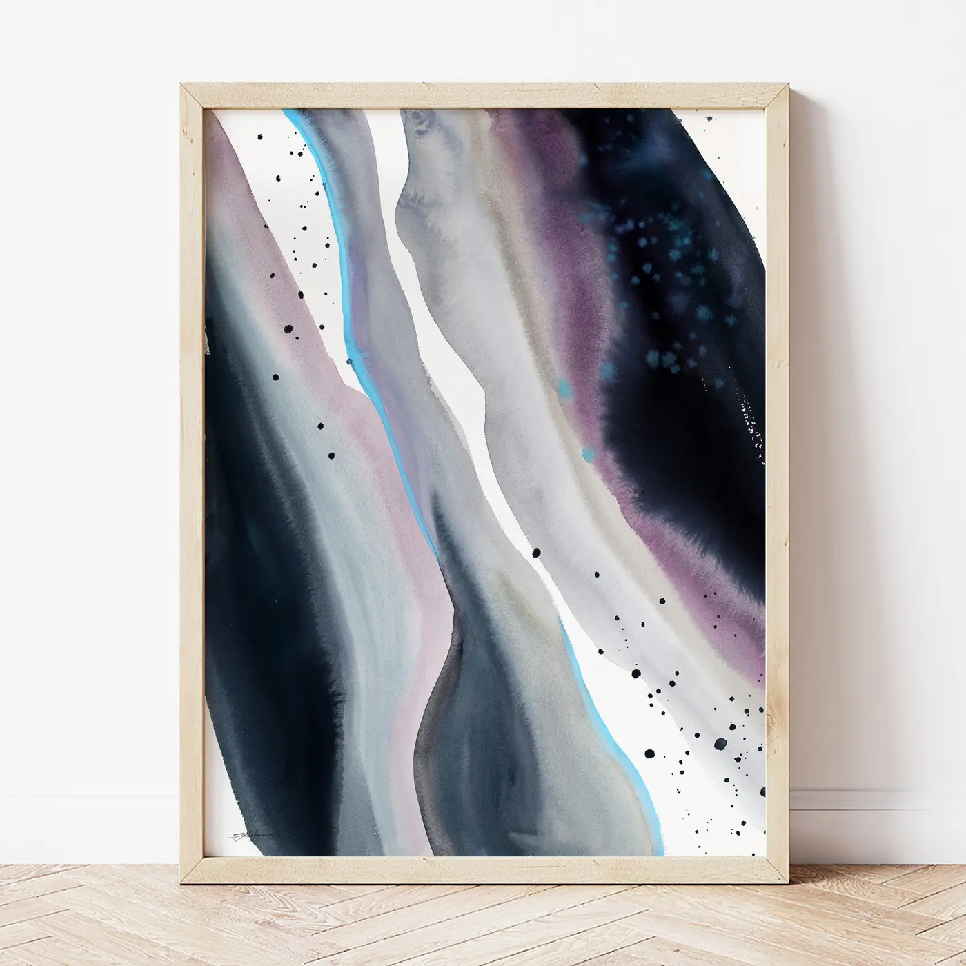 Art print with a watercolour abstract in grey and ink print