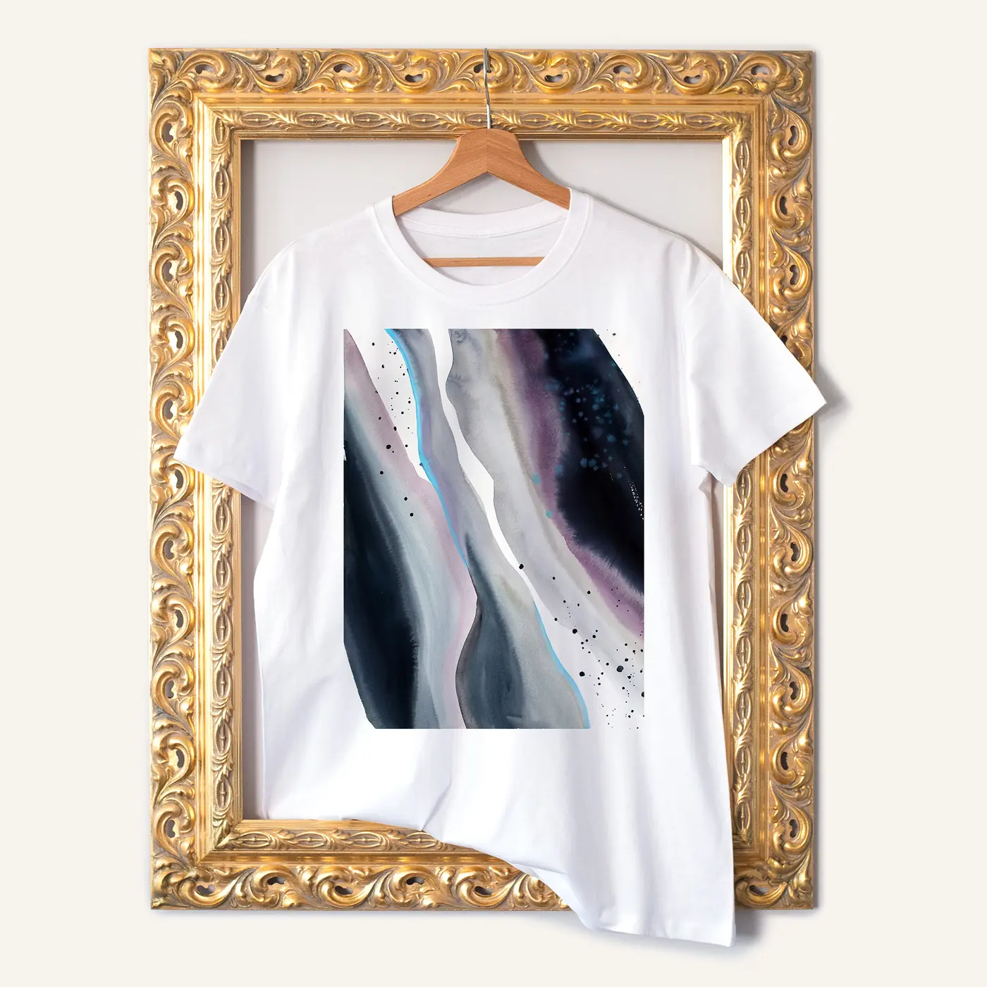 White t-shirt with a watercolour abstract in grey and ink print