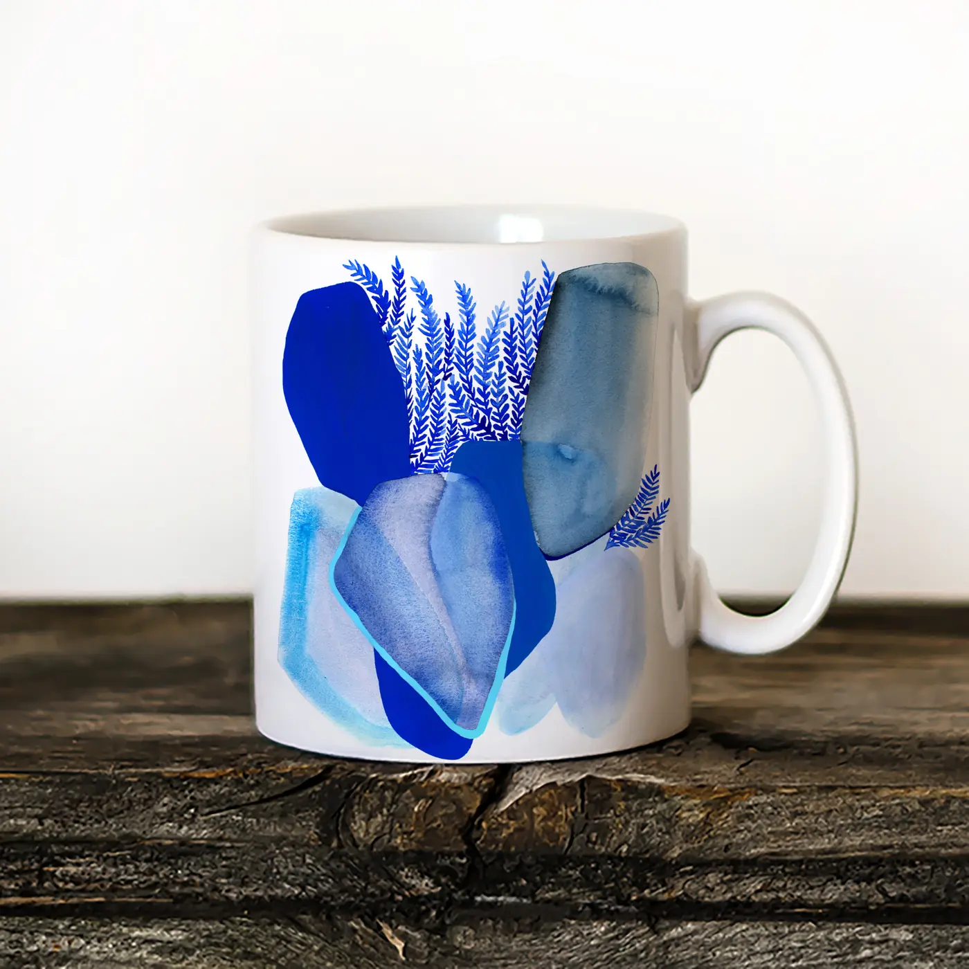 Ceramic mug with a watercolour abstract in cobalt print