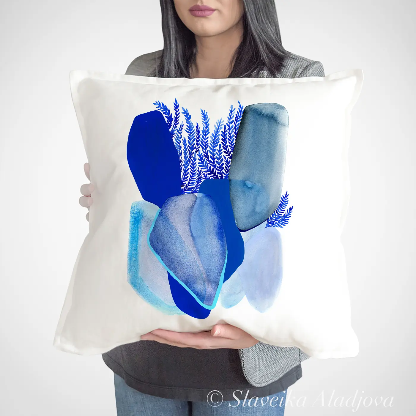 Cushion with a watercolour abstract in cobalt print