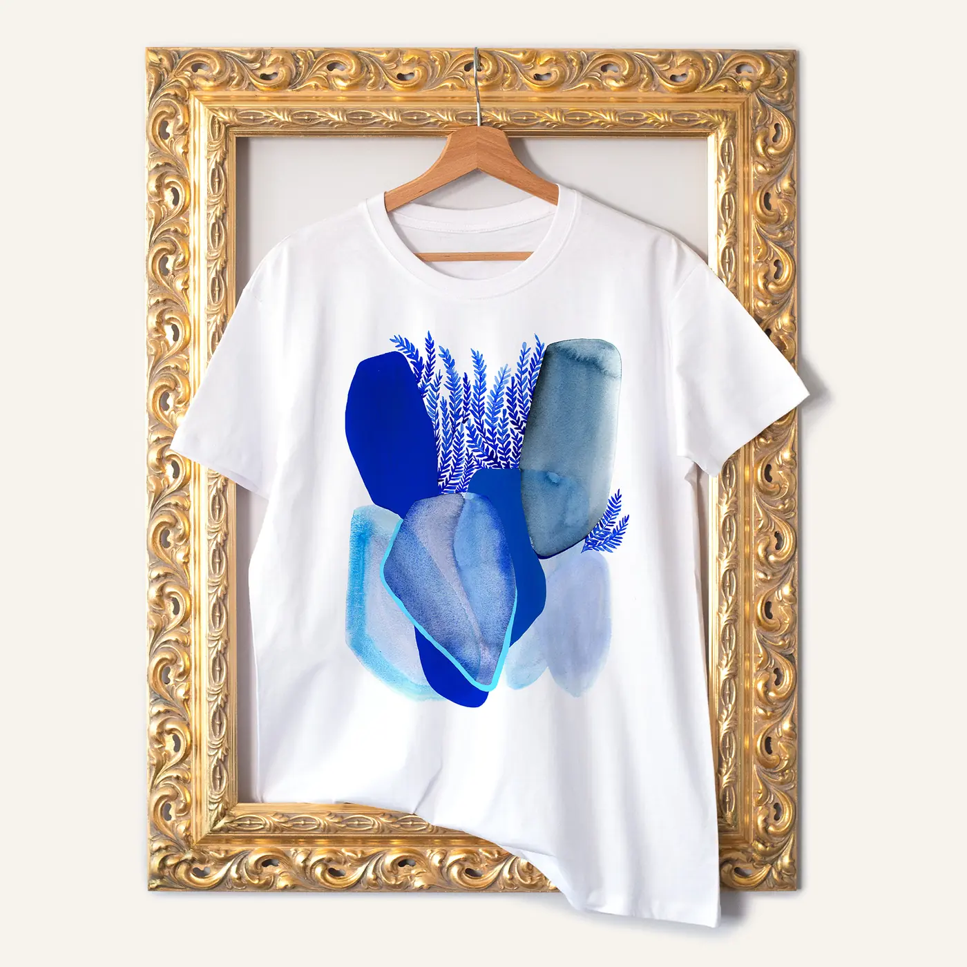 White t-shirt with a watercolour abstract in cobalt print