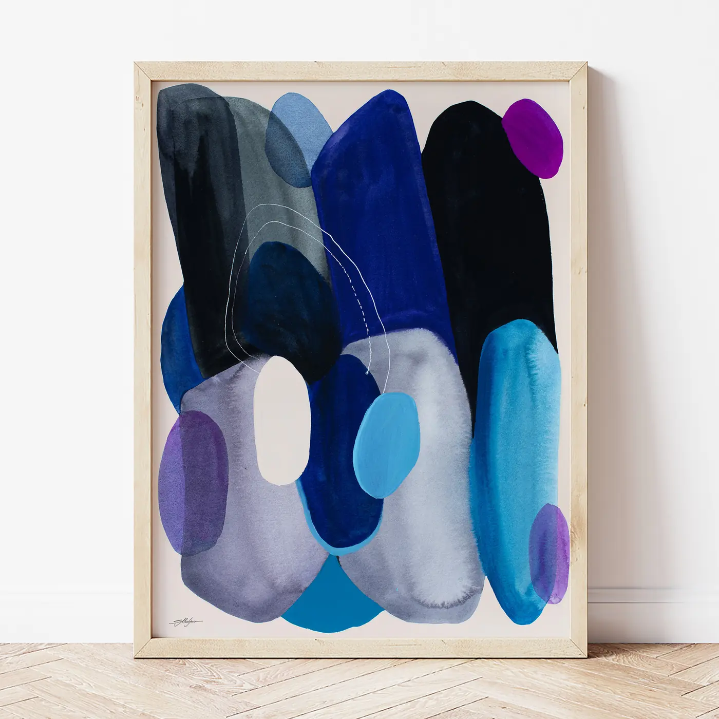 Art print with a watercolour abstract in blue and grey print