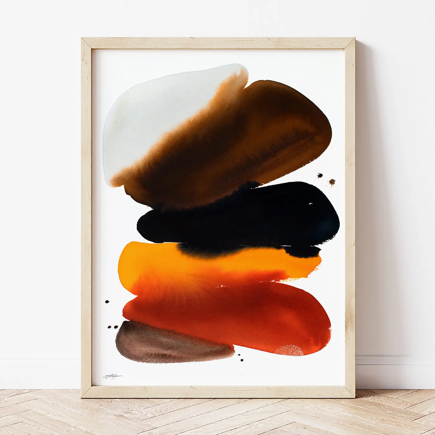 Art print with a watercolour abstract in orange and black print