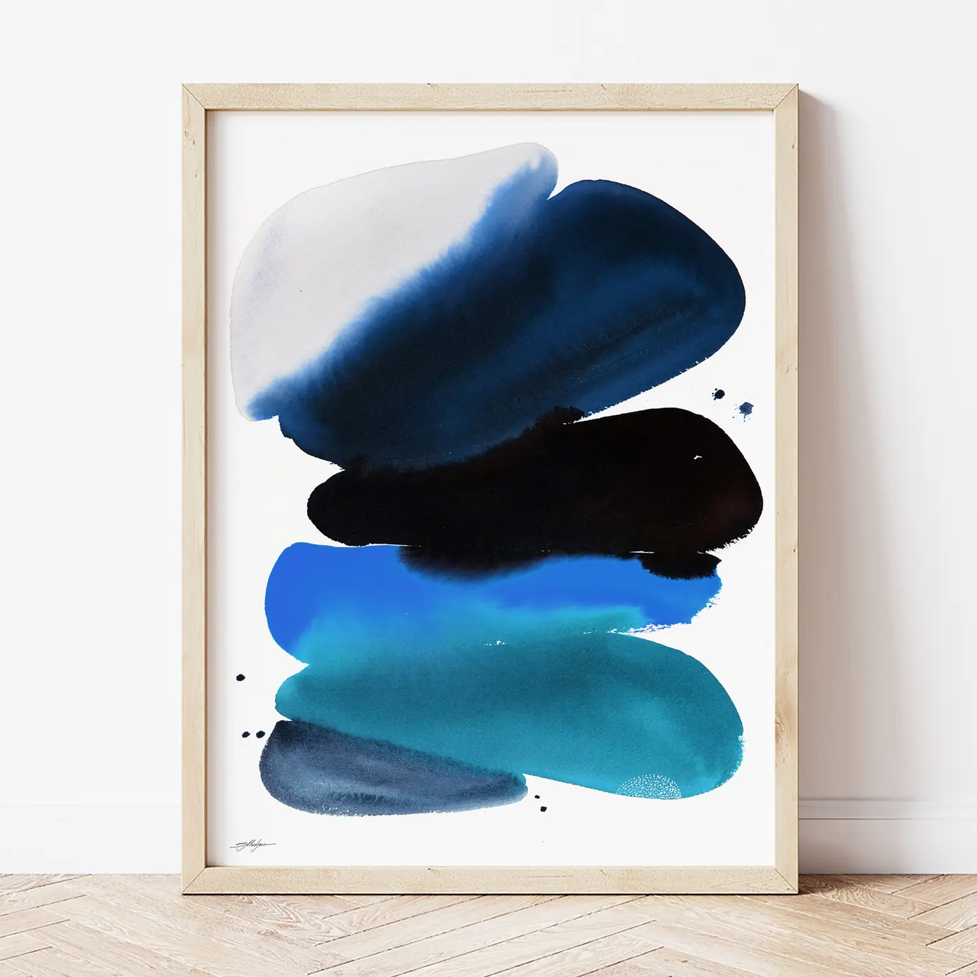 Art print with a watercolour abstract in blue and black print