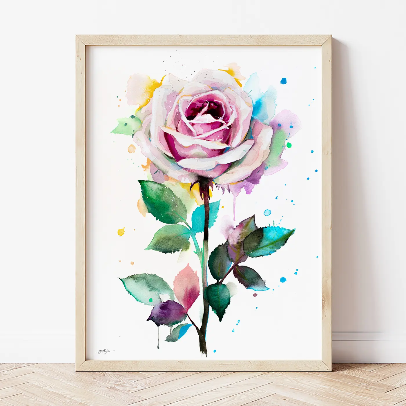 Art print with a watercolour pink rose print