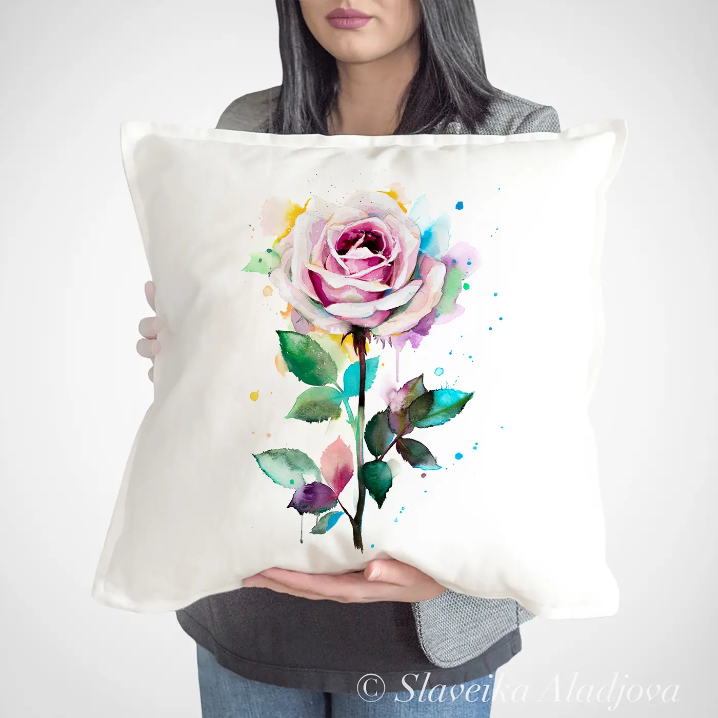 Cushion with a watercolour pink rose print