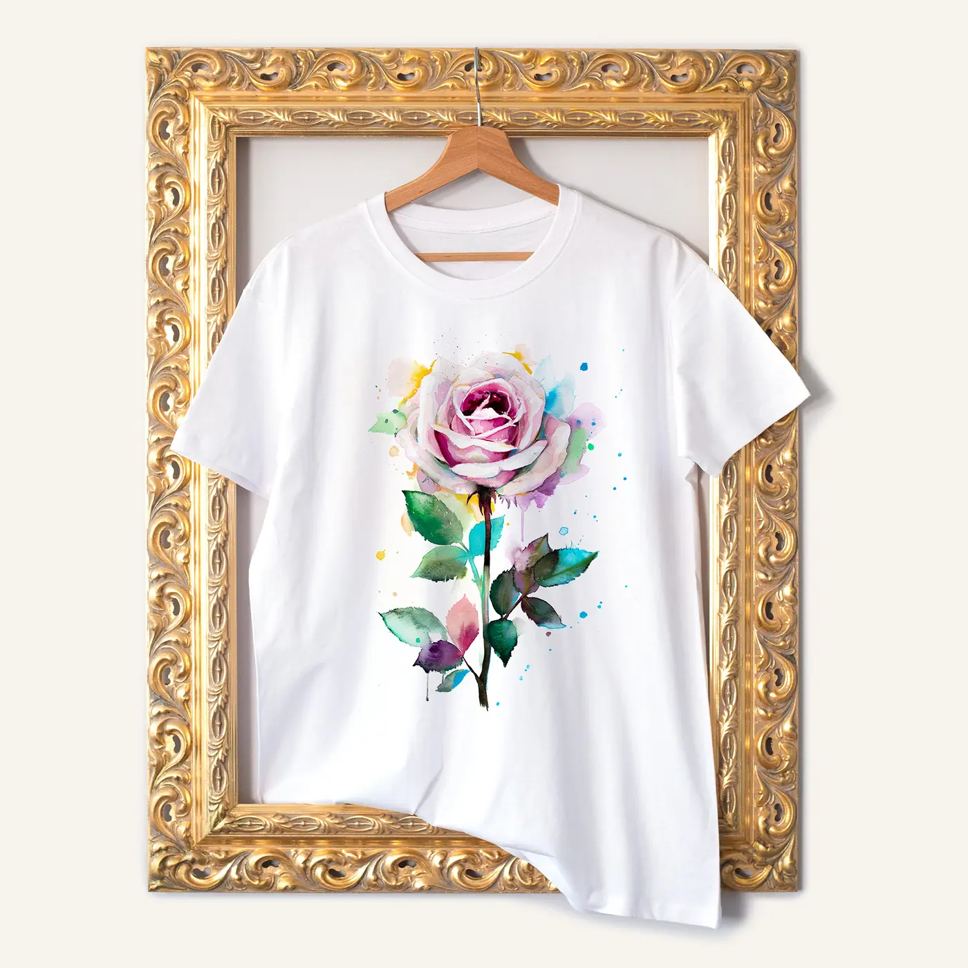 White t-shirt with a watercolour pink rose print