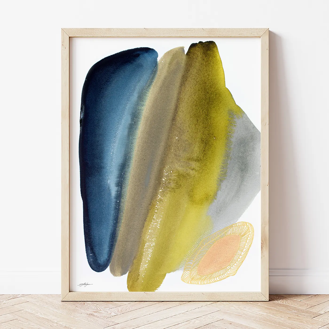 Art print with a watercolour abstract in navy and yellow print