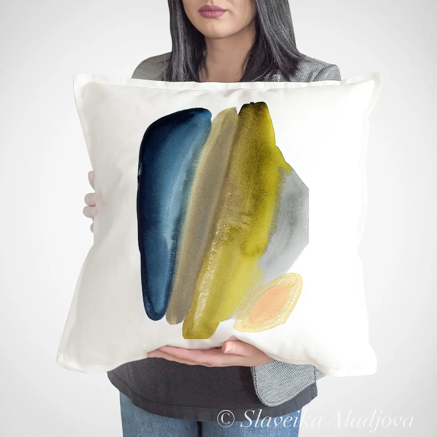 Cushion with a watercolour abstract in navy and yellow print