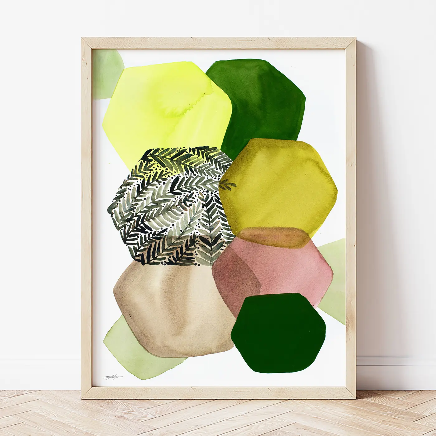 Art print with a watercolour abstract in green and beige print