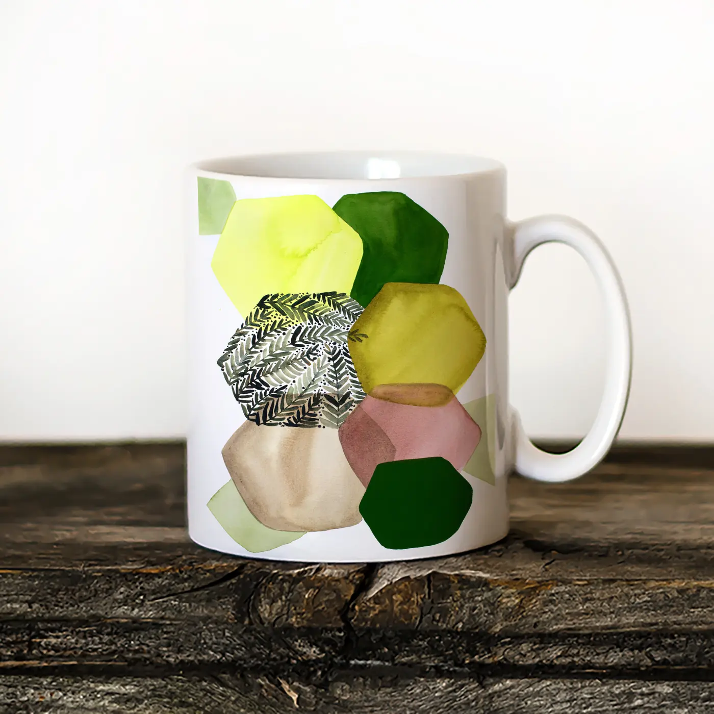 Ceramic mug with a watercolour abstract in green and beige print