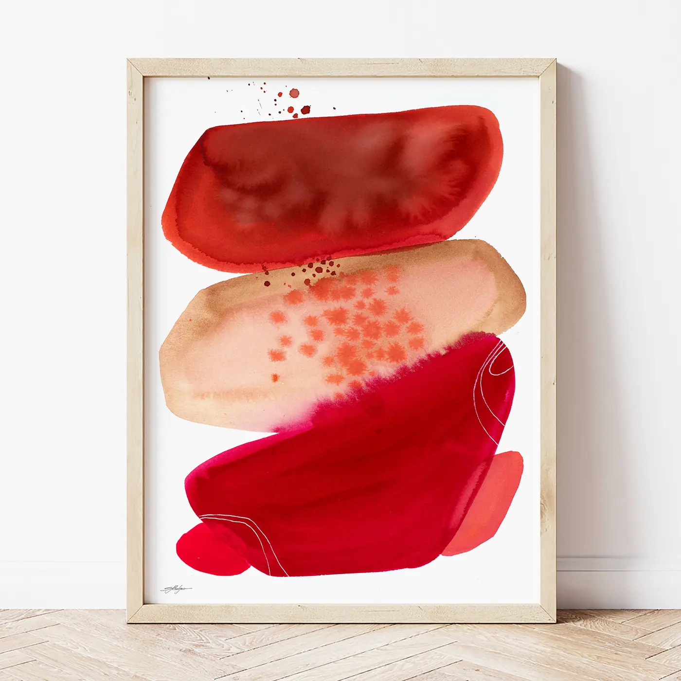 Art print with a watercolour abstract in red and coral print