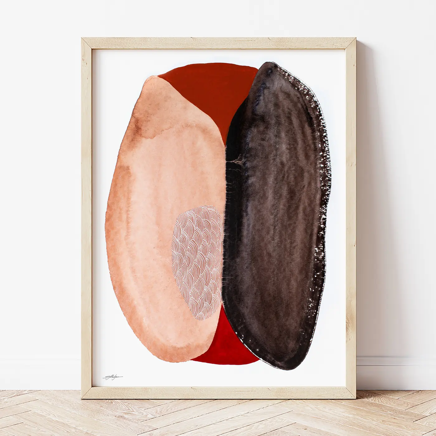 Art print with a watercolour abstract in peach and brown print