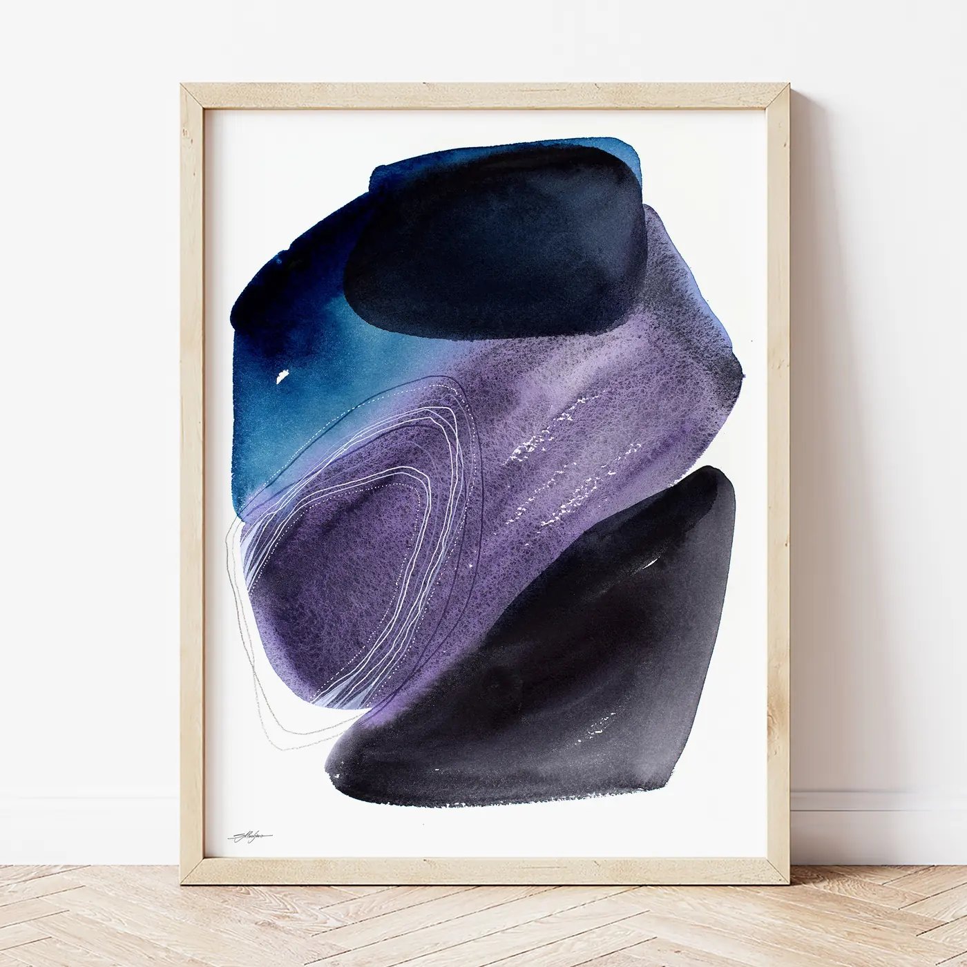 Art print with a watercolour abstract in purple and blue print