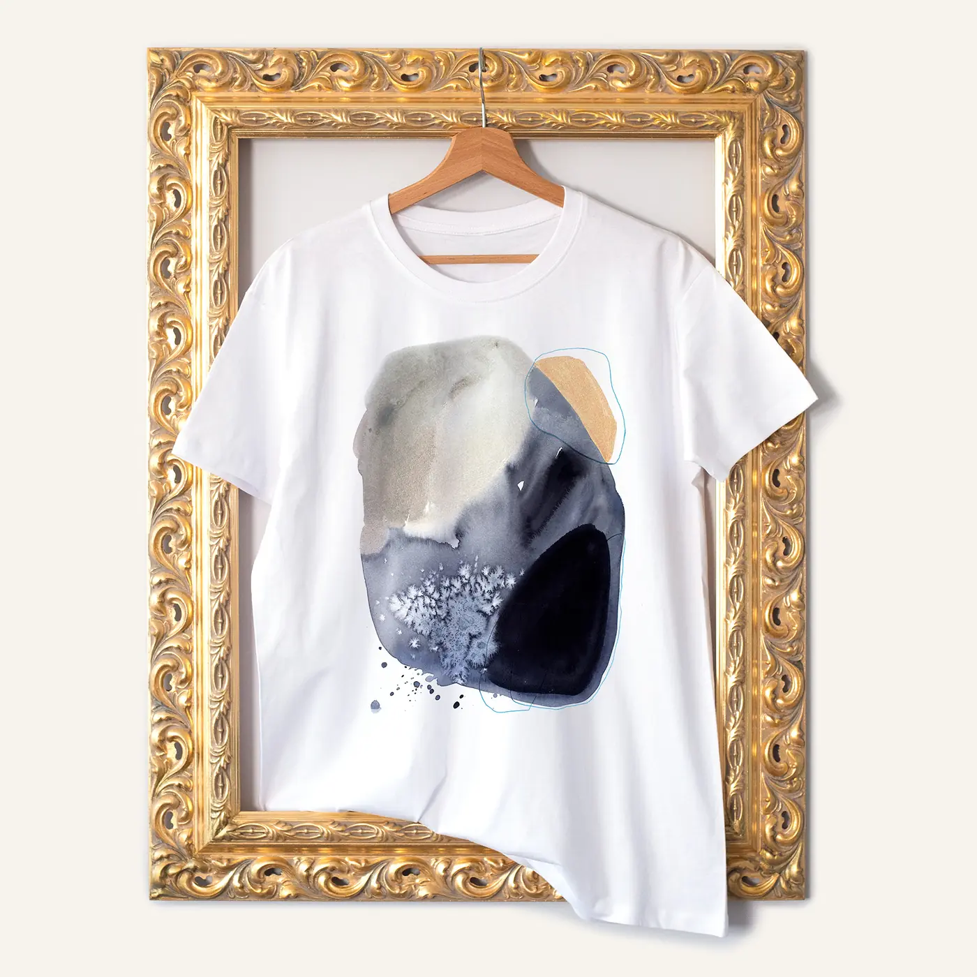 White t-shirt with a watercolour abstract stones in grey print