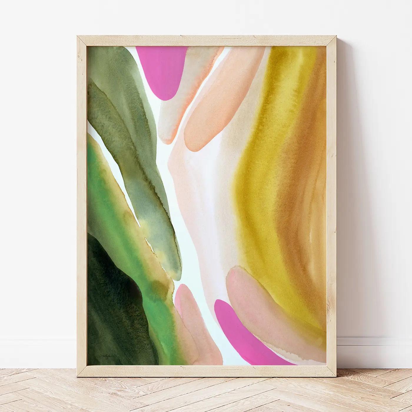 Art print with a watercolour abstract in green and pink print