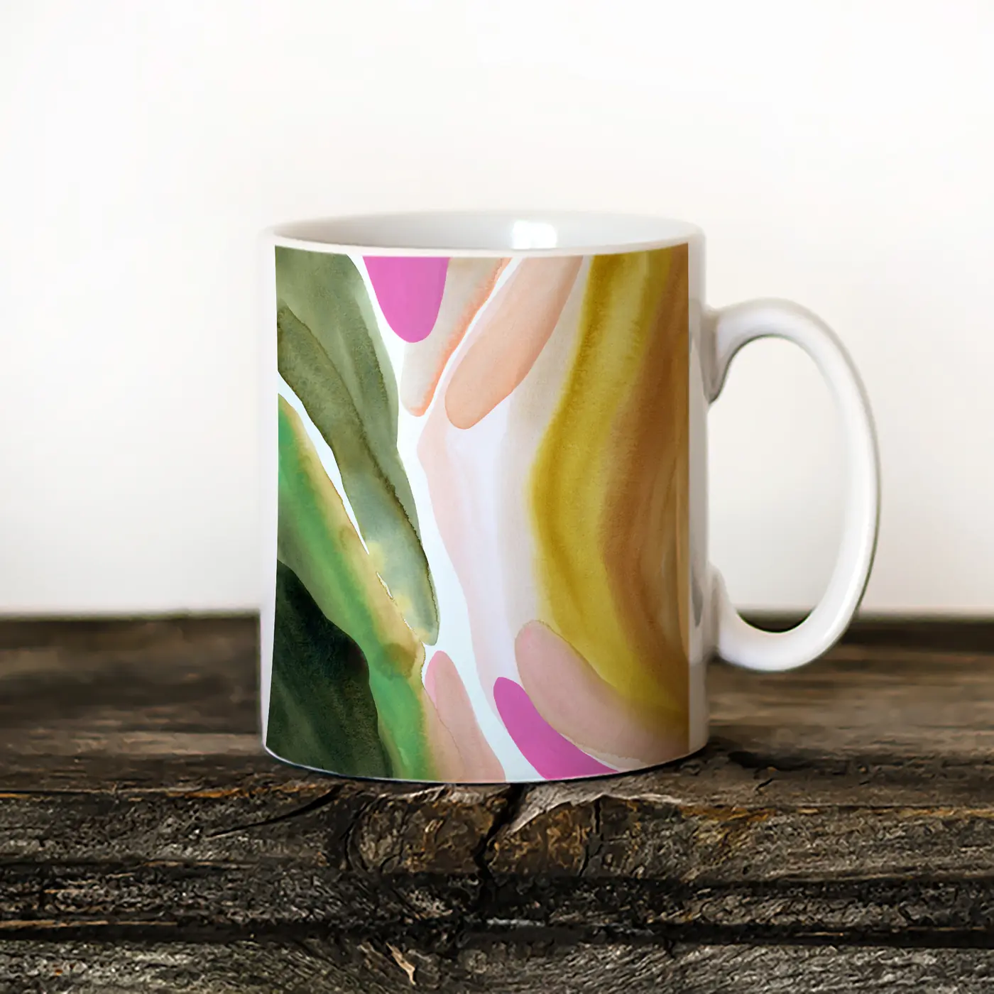 Ceramic mug with a watercolour abstract in green and pink print