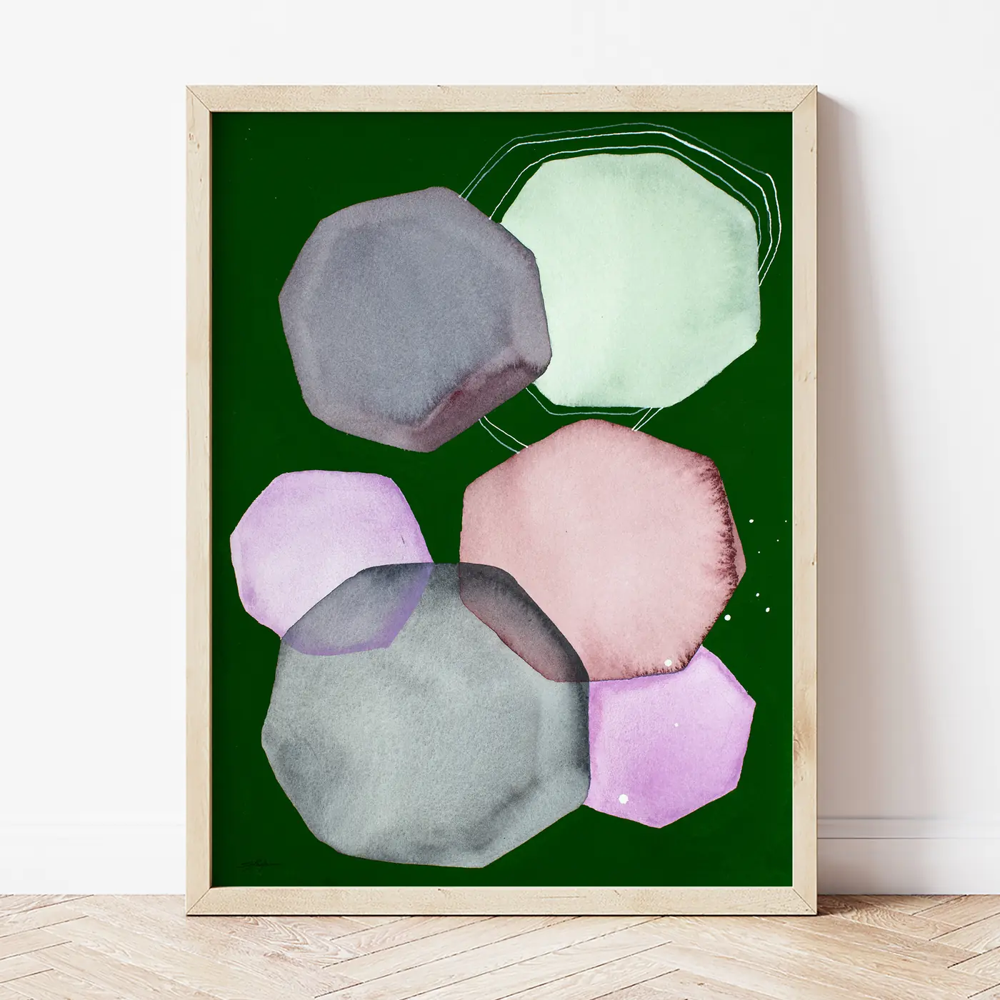 Art print with a watercolour stones on dark green print