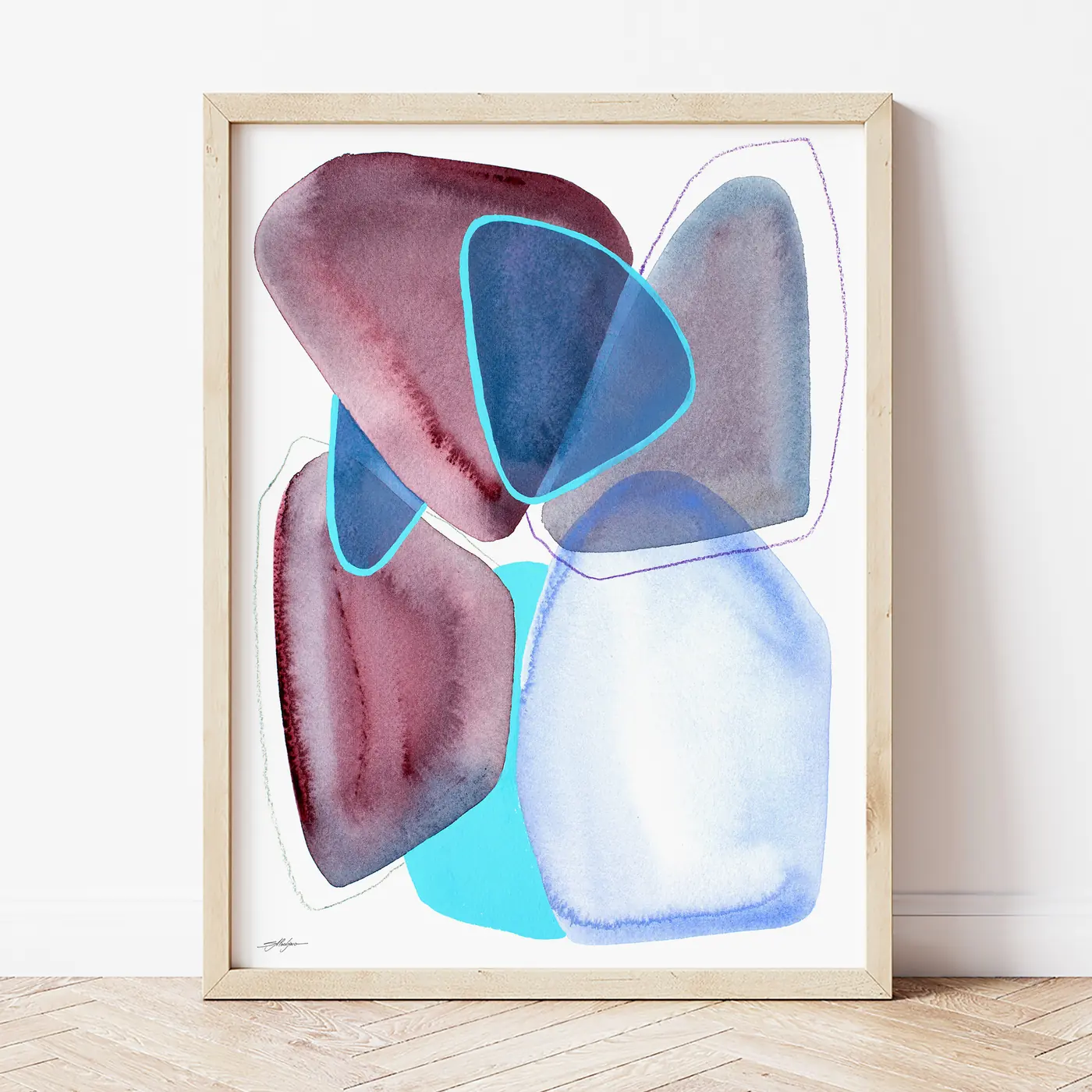 Art print with a watercolour abstract in burgundy and cyan print