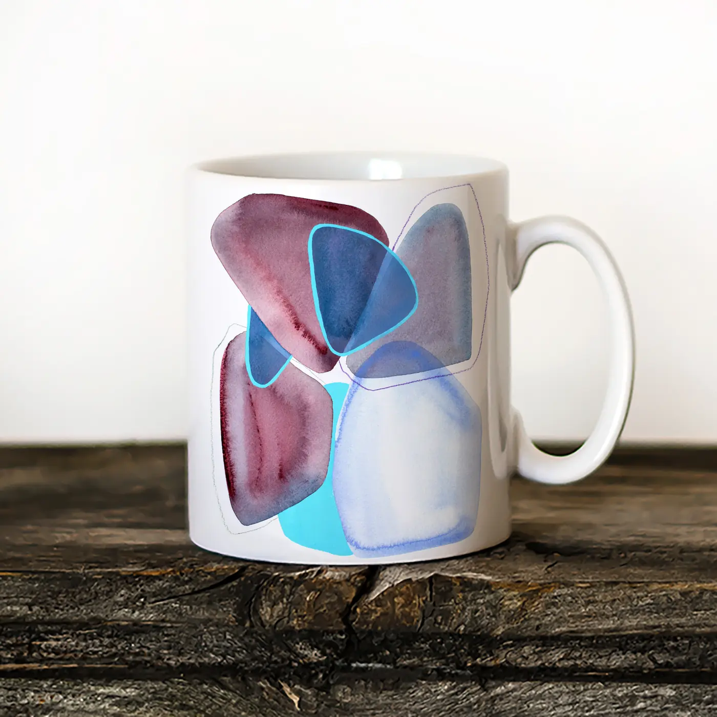 Ceramic mug with a watercolour abstract in burgundy and cyan print