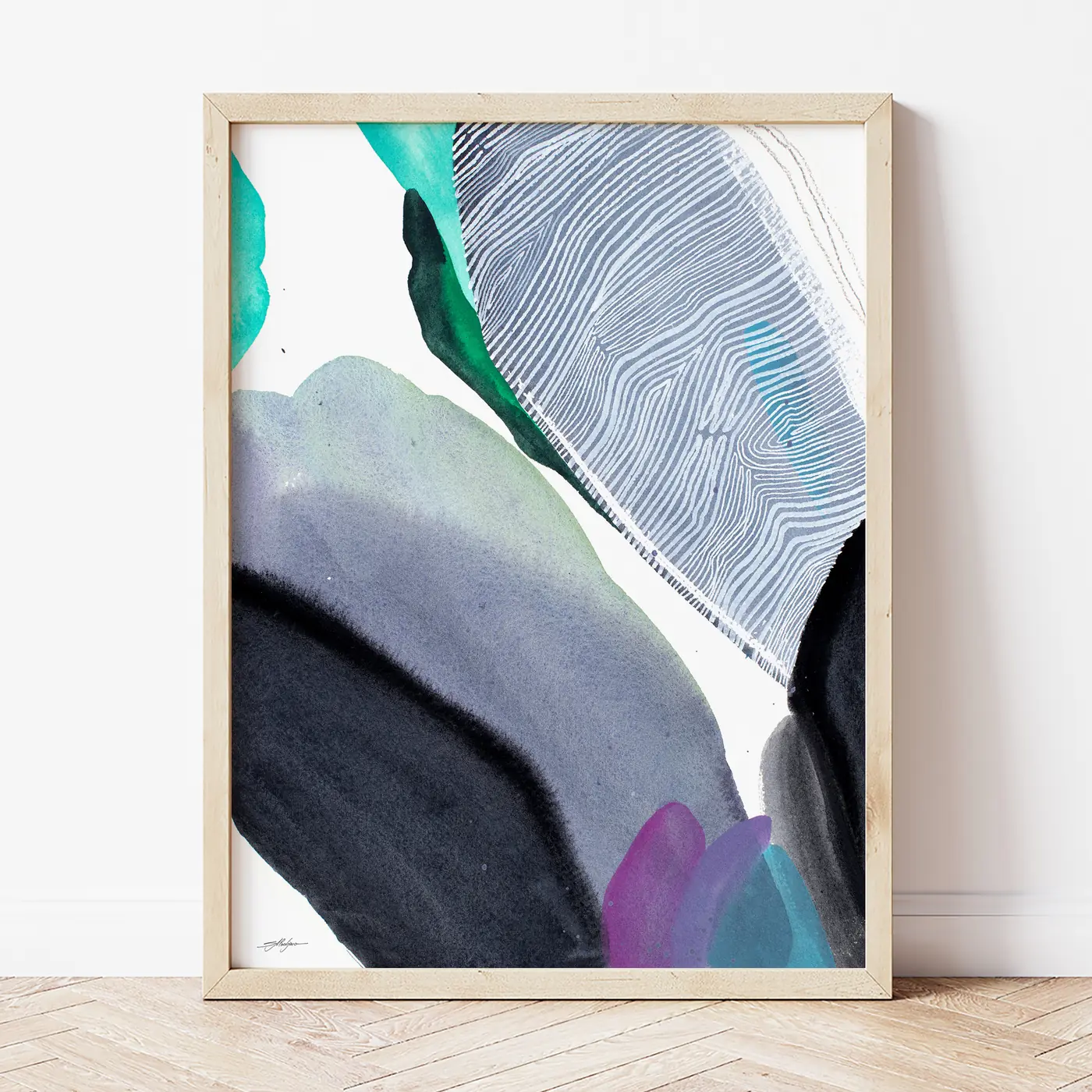 Art print with a watercolour abstract in grey and teal print