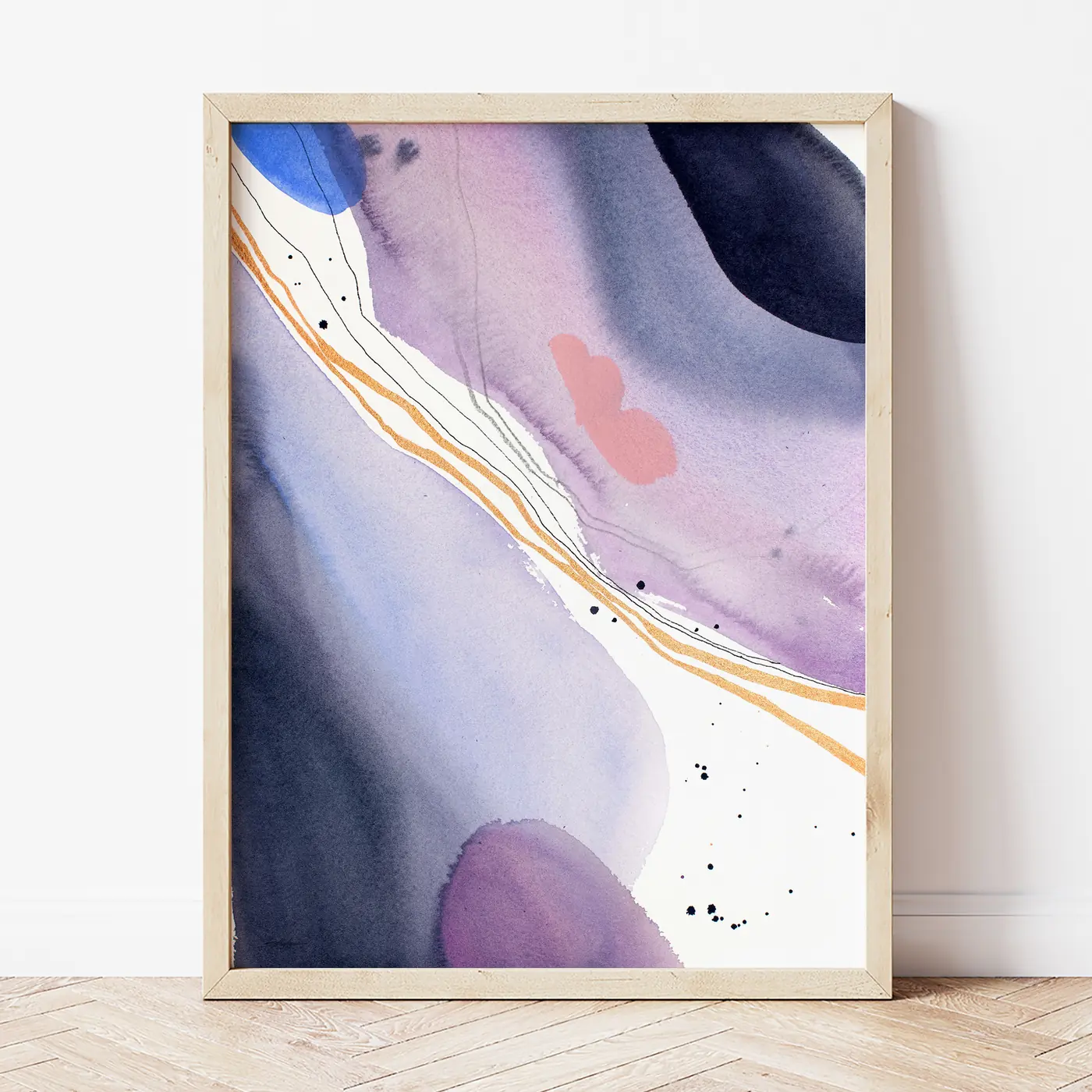 Art print with a watercolour abstract in lilac and gold print
