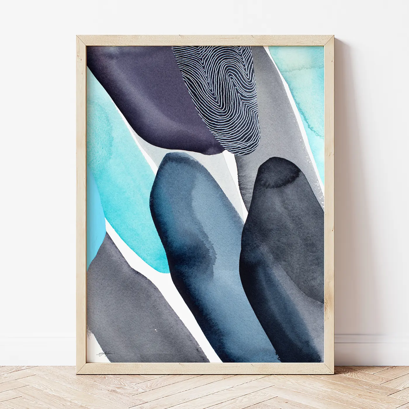 Art print with a watercolour abstract in teal and graphite print