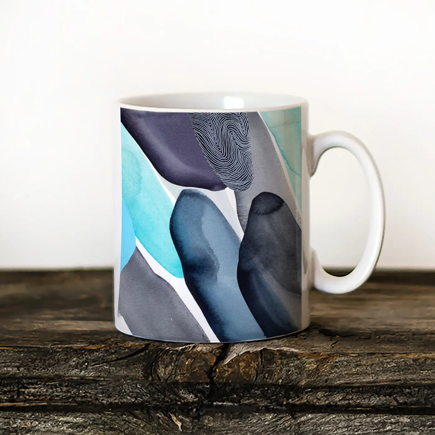Ceramic mug with a watercolour abstract in teal and graphite print