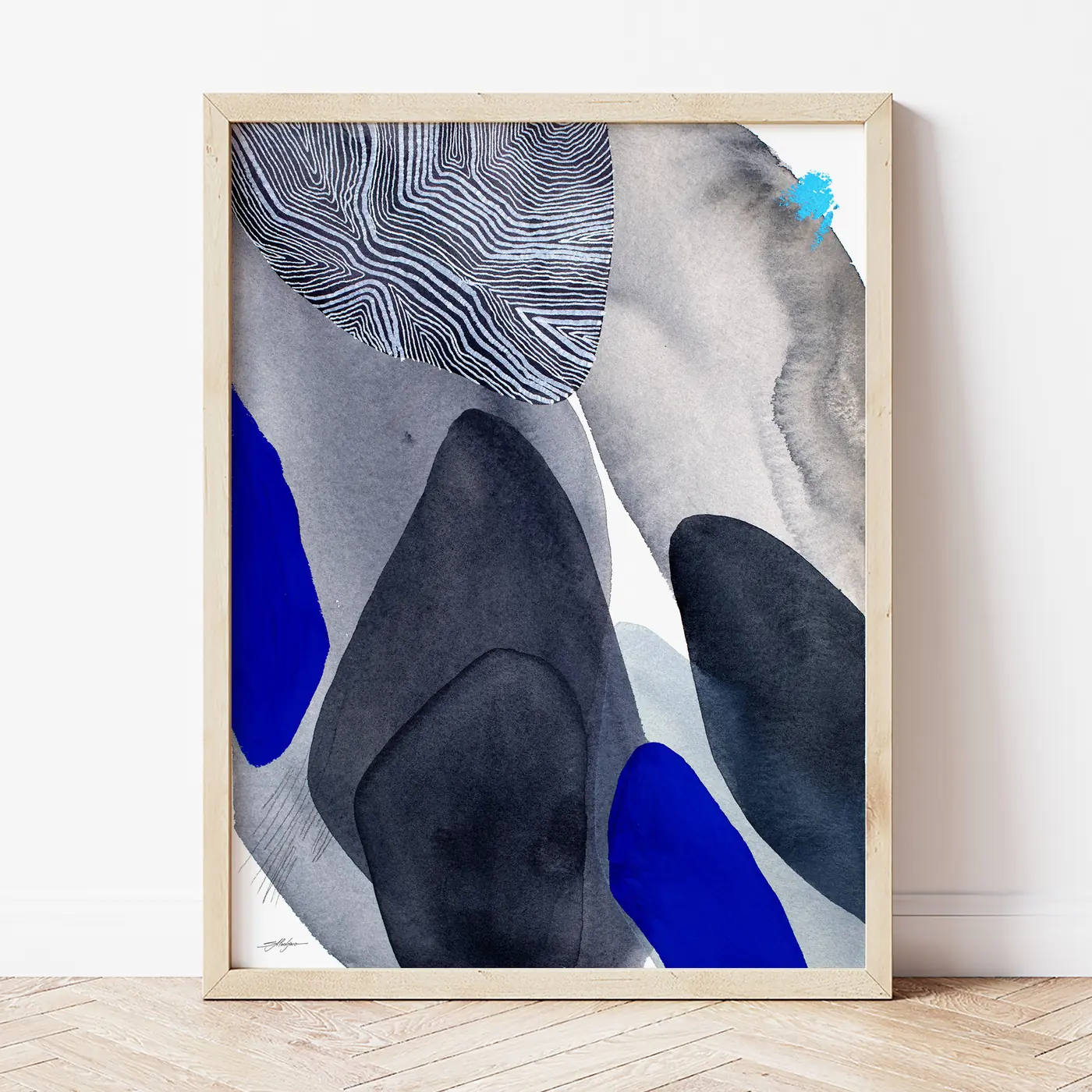 Art print with a watercolour abstract in grey and cobalt print