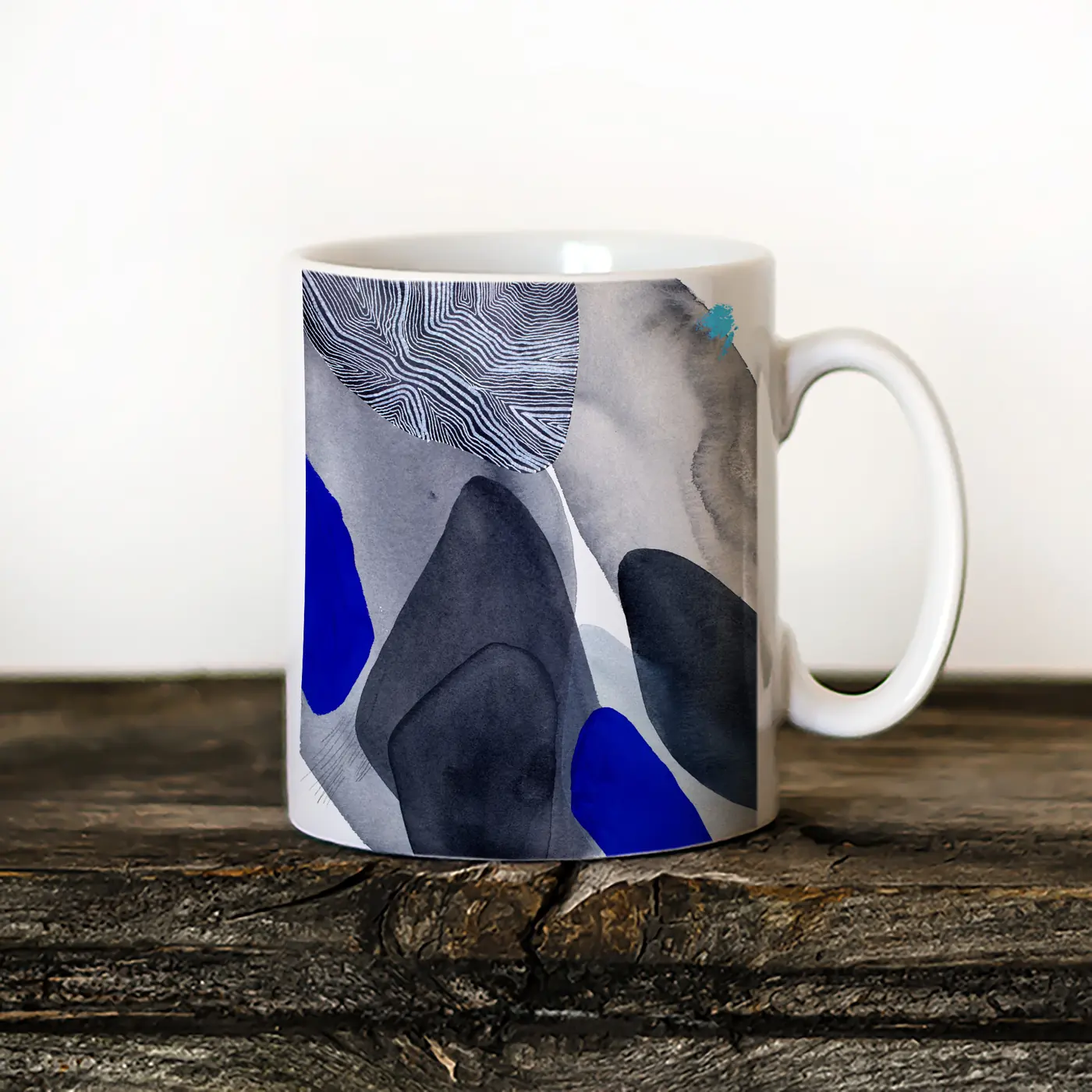 Ceramic mug with a watercolour abstract in grey and cobalt print