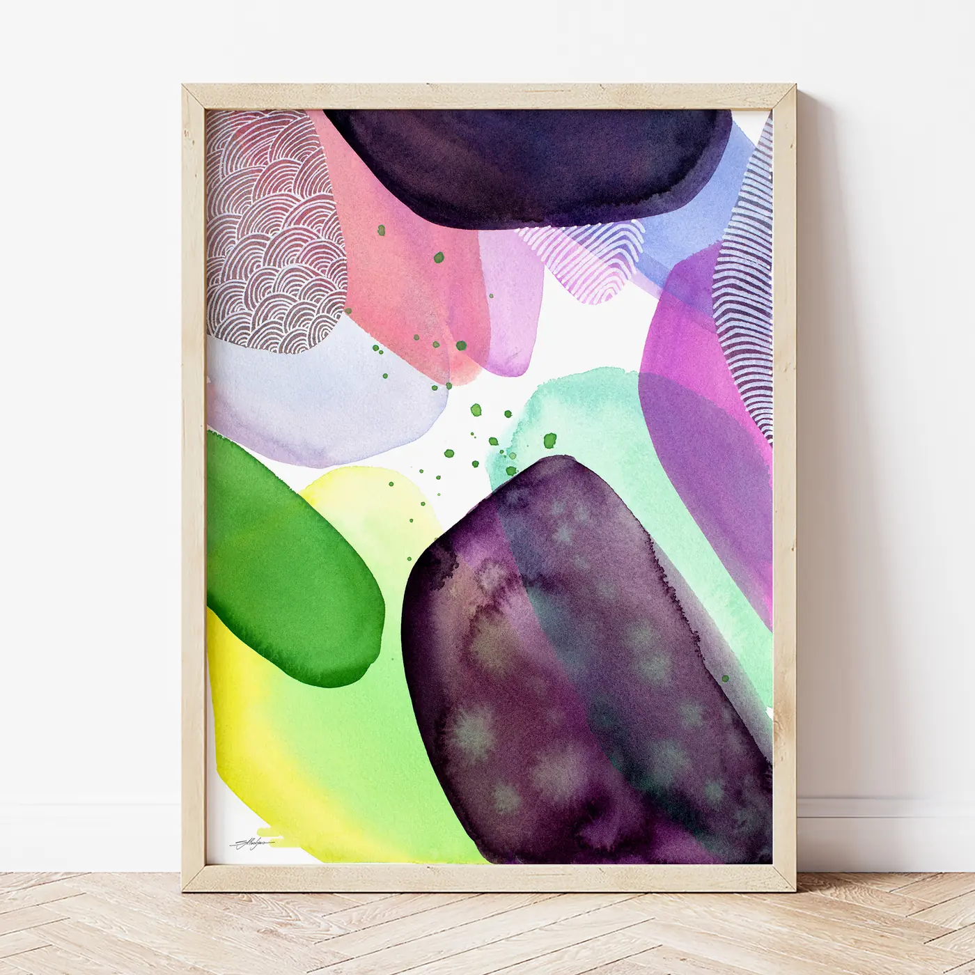 Art print with a watercolour abstract in pink and green print