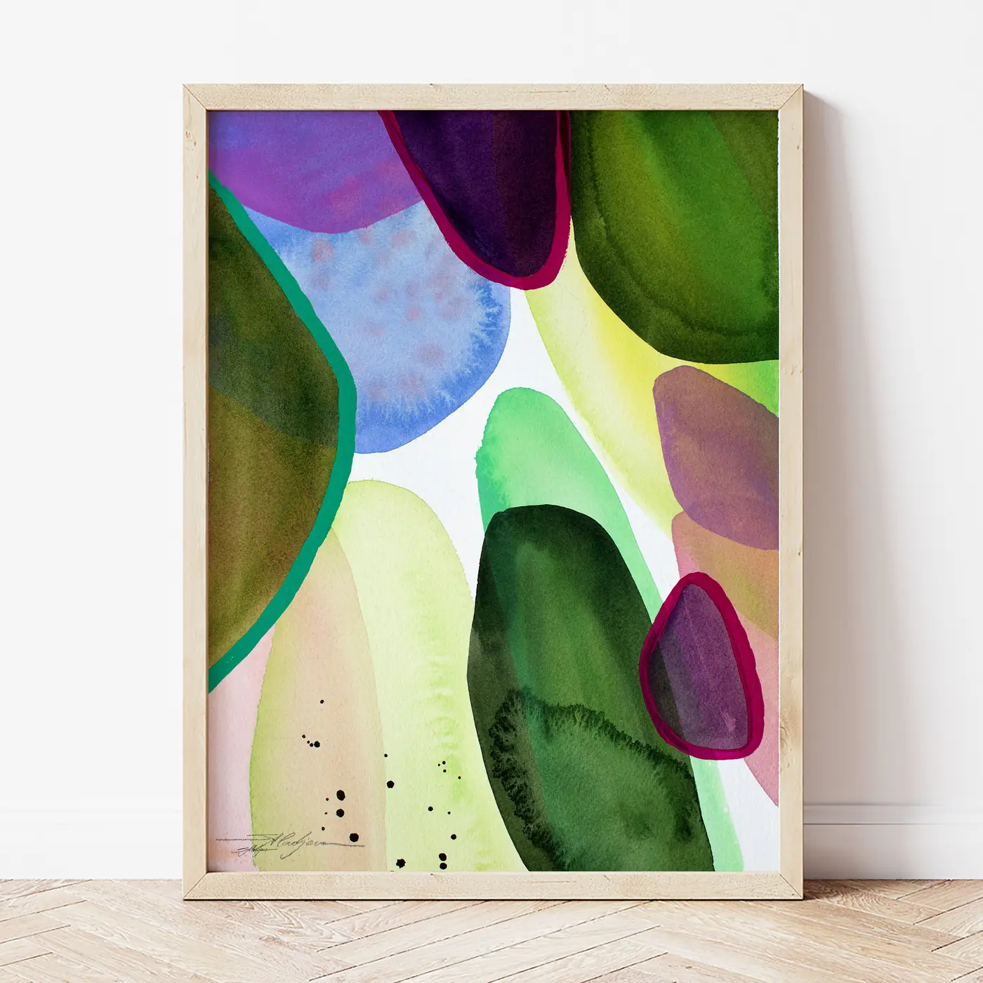 Art print with a watercolour abstract in green and purple print