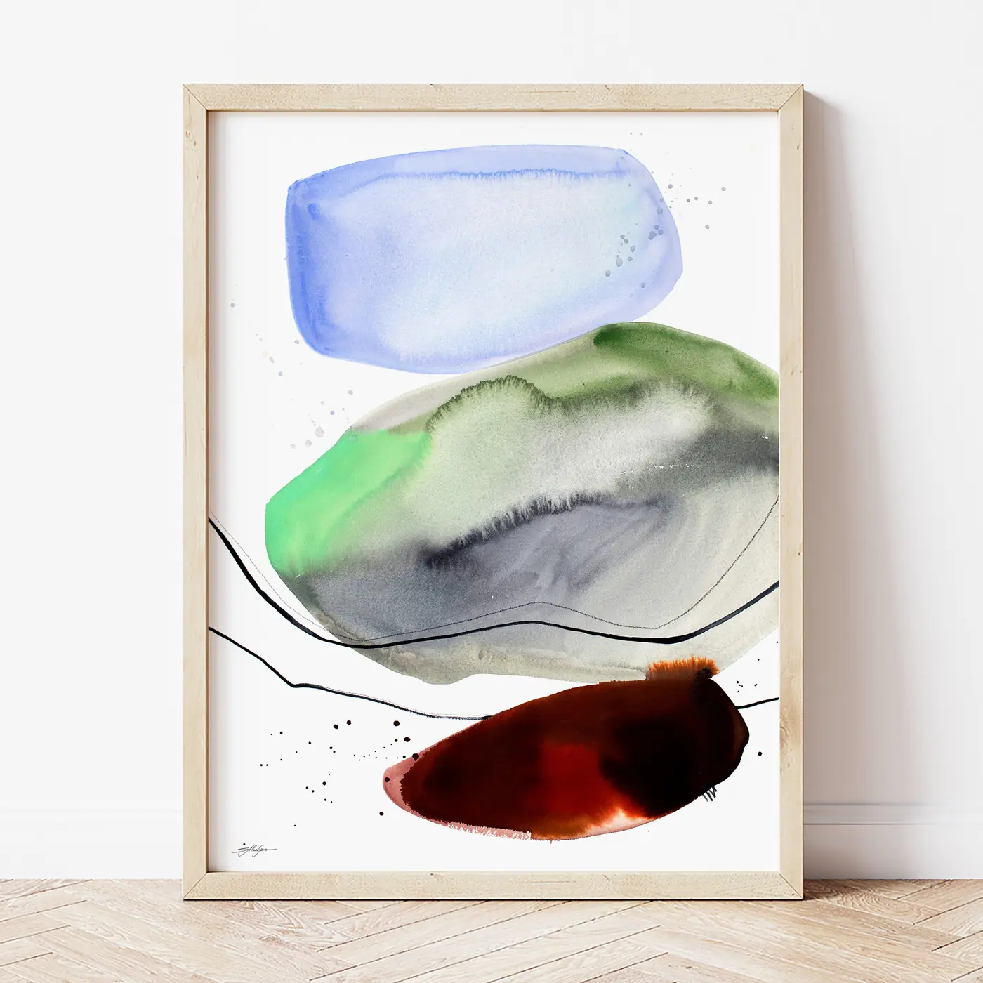 Art print with a watercolour abstract in green and red print