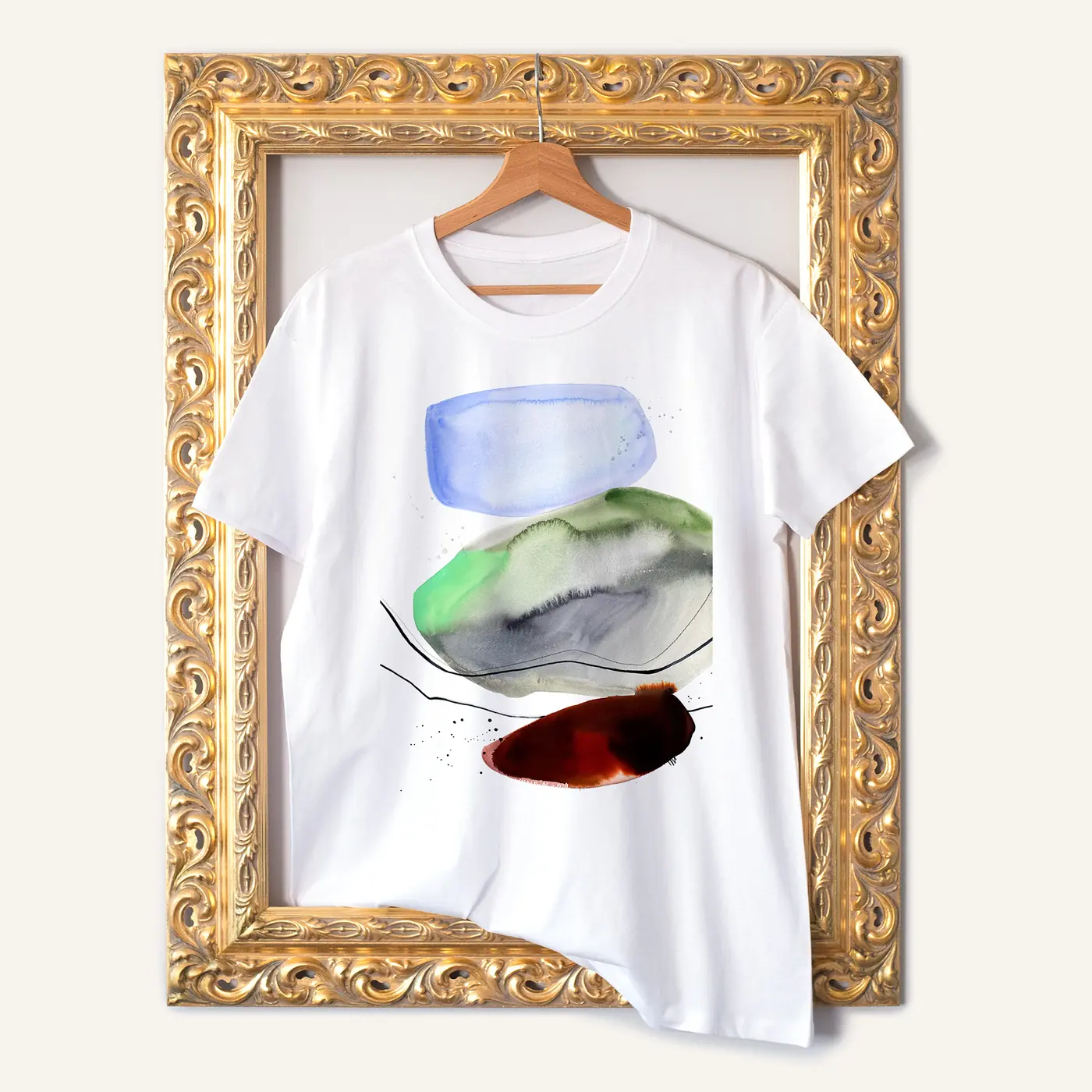 White t-shirt with a watercolour abstract in green and red print